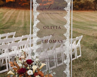 Romantic Lace Wedding Welcome Sign on Veil with Burgundy Wording for Fall: Sheer Tulle, Fabric Ceremony Reception Signage Banner