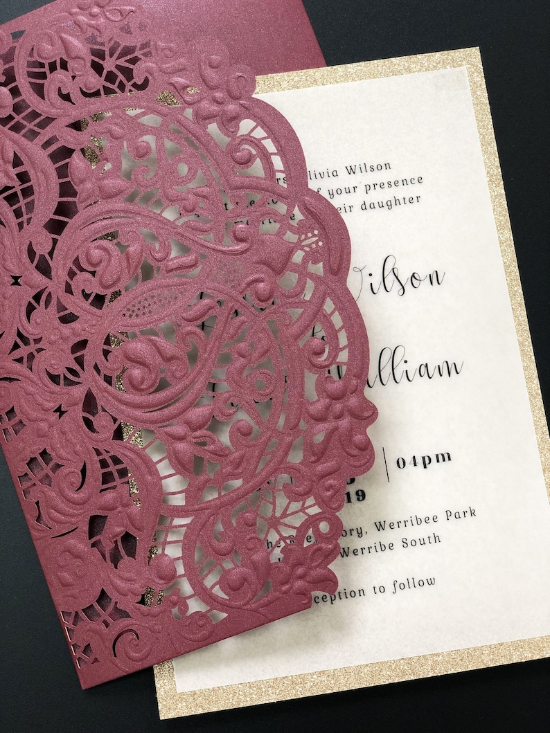 Vellum Paper Wedding Invitations with Burgundy Laser Cut