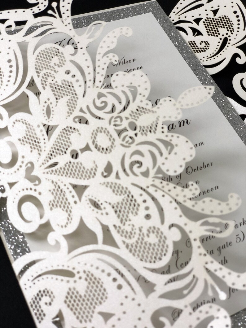 Elegant Laser Cut Wedding Invitations With Glitter Silver Etsy UK