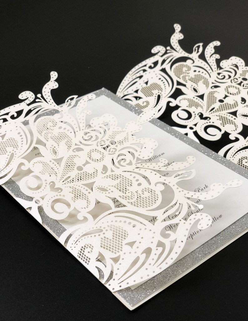 Elegant Laser Cut Wedding Invitations With Glitter Silver Etsy UK