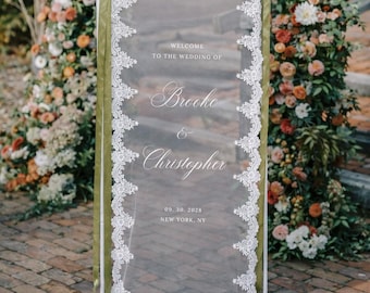 Vintage Sheer Lace Wedding Welcome Sign for Bridal Shower: Clear Tulle, Fabric Signage Backdrop
