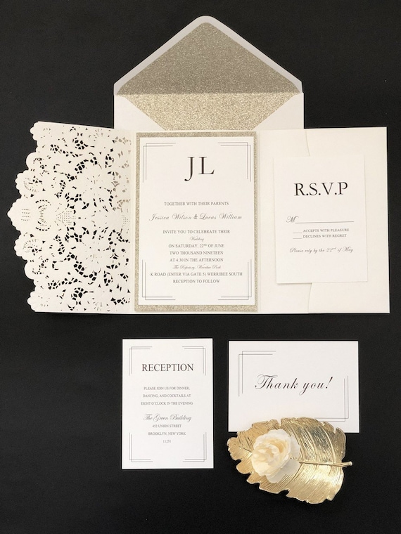 Elegant ivory and gold wedding invitations laser cut with Free Etsy