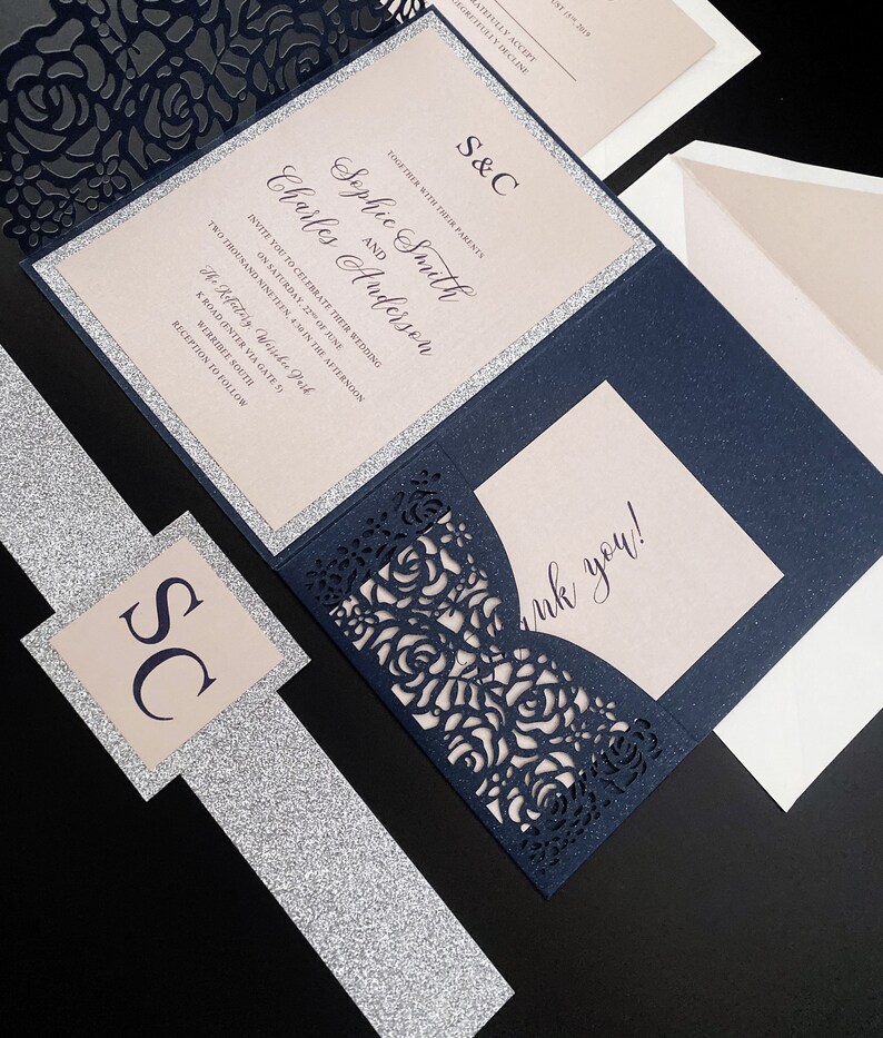 Elegant Navy and Pink Wedding Invitations With Laser Cut - Etsy