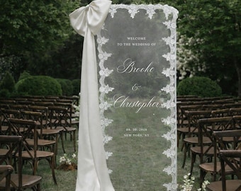 Custom Sheer Lace Wedding Veil Welcome Sign: Clear Tulle, Fabric Ceremony Reception Sign Banner