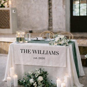 May include: A wedding reception table is set with a white linen tablecloth and a green runner. The table is decorated with white flowers, candles, and a banner that reads "THE WILLIAMS est. 2026".
