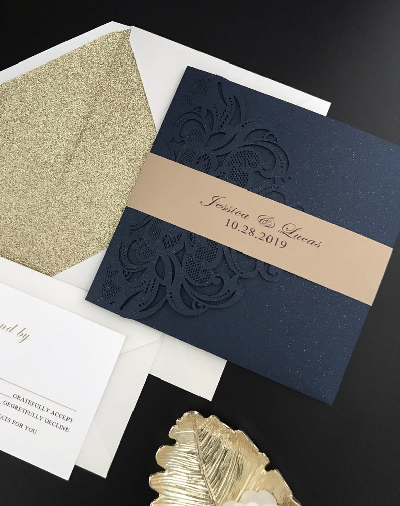 Navy and Gold Wedding Invitations Elegant With Laser Cut Etsy