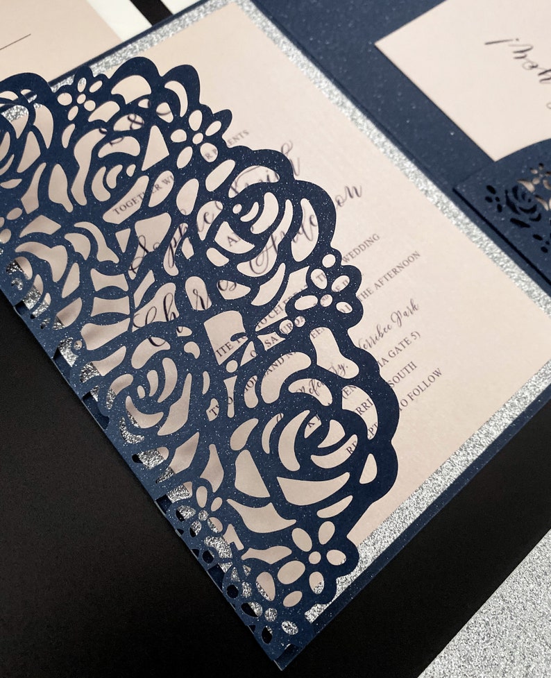 Elegant Navy and Pink Wedding Invitations With Laser Cut - Etsy
