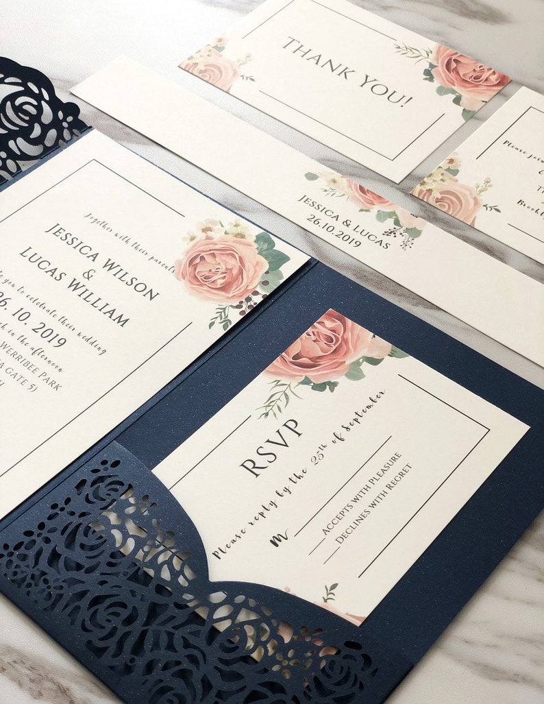 Navy and pink wedding invitations floral design with laser cut | Etsy