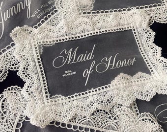 Custom Handmade Lace Fabric Will You Be My Bridesmaid, Maid of Honor Proposal Cards with Free Envelopes