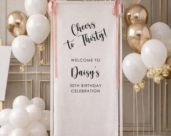 30th Birthday Sign – Custom Linen Bithday Welcome Sign, Fabric Event Signs, Customized Names & Date