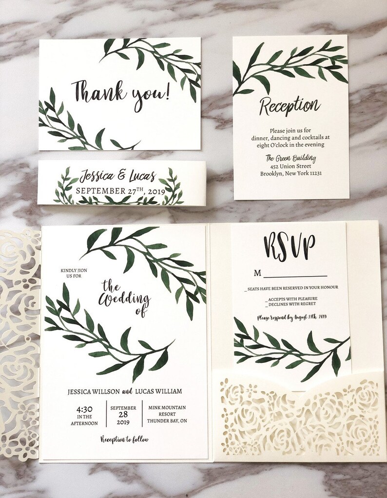 white and green wedding invitations with elegant laser cut pocket FREE RSVP cards