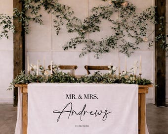 Custom Wedding Table Signs – Linen Fabric Sweetheart Table Runner, Personalized Reception Banner, Name Sign