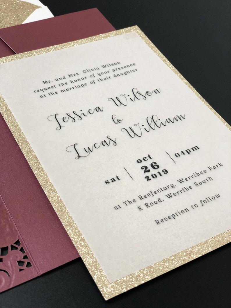 Vellum Paper Wedding Invitations with Burgundy Laser Cut