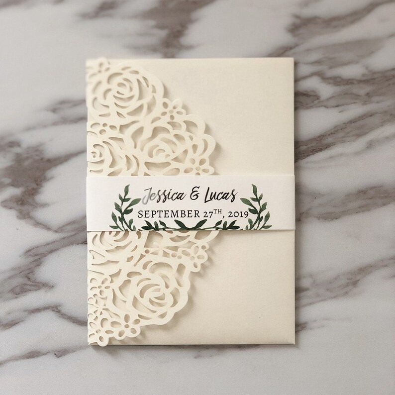white and green wedding invitations with elegant laser cut pocket FREE RSVP cards