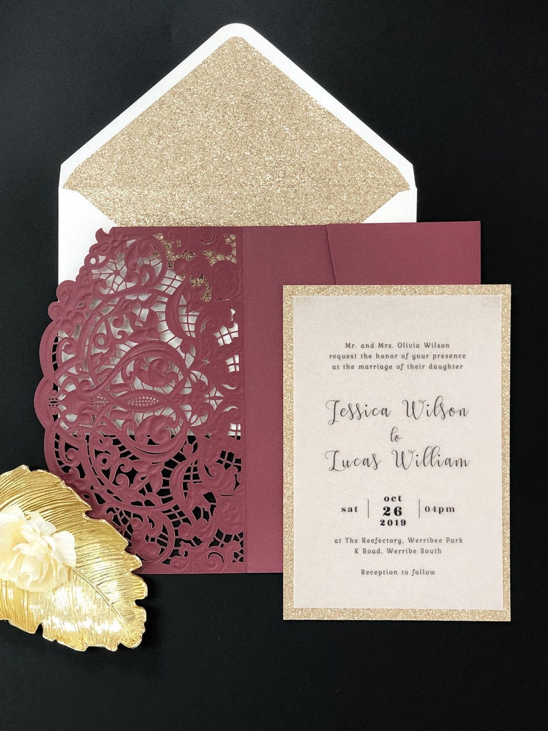 Vellum Paper Wedding Invitations with Burgundy Laser Cut