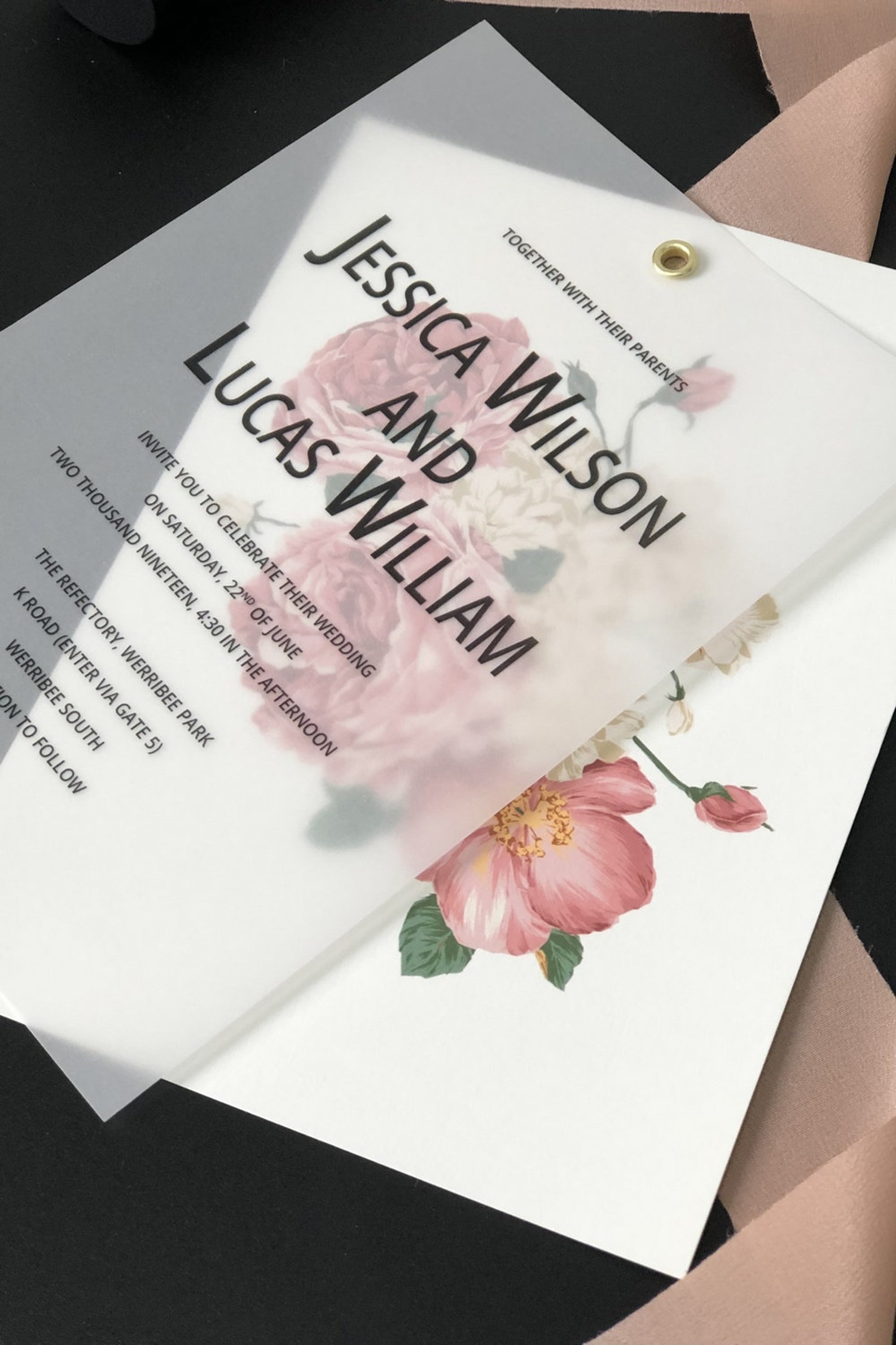 Dusty Rose Floral Wedding Invitations With Vellum Paper | Etsy