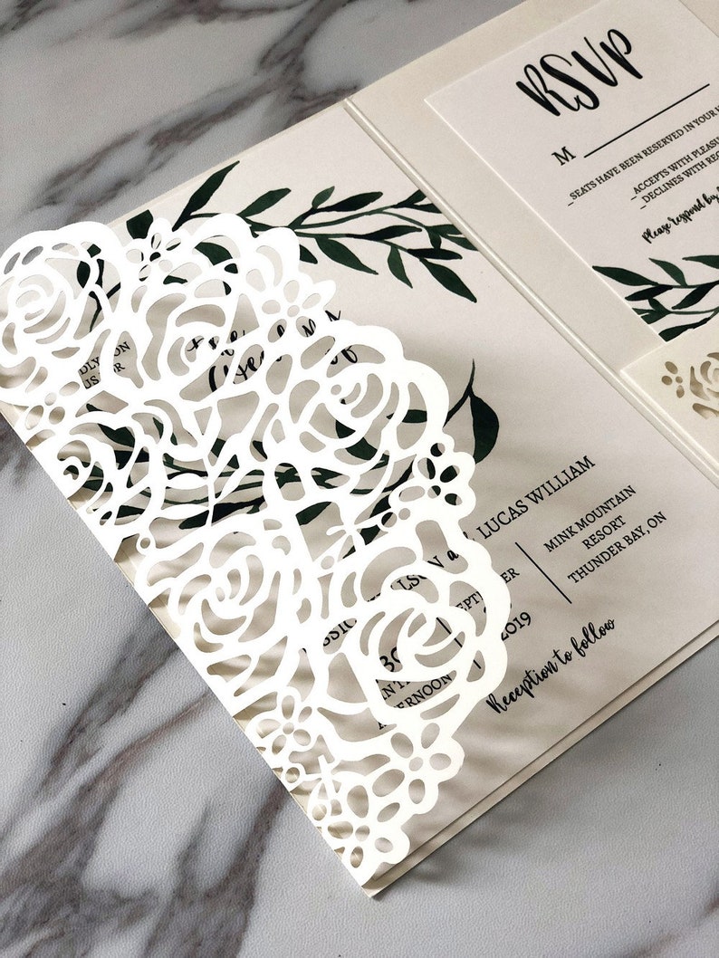 white and green wedding invitations with elegant laser cut pocket FREE RSVP cards