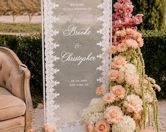 Sheer Lace Wedding Welcome Sign: White Lettering Fabric Wedding Backdrop and Ceremony Reception Banner