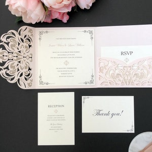 Elegant Blush Pink Laser Cut Wedding Invites with FREE RSVP Cards