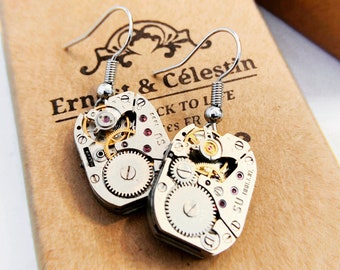 Earrings - Old Watch Movement Mechanism - Steampunk Upcycling Vintage - Give gifts - Ernest and Célestin