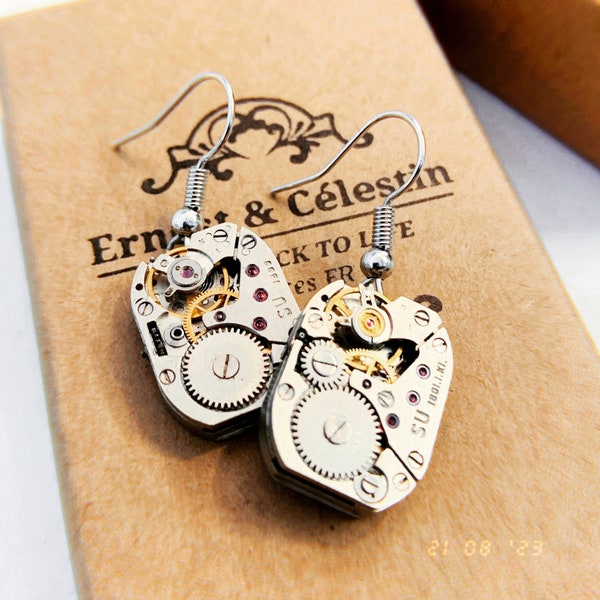 Boucles d'oreilles - Ancien Mécanisme Mouvement De Montre - Steampunk Upcycling Vintage - Offrir cadeaux - Ernest et Célestin