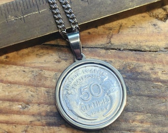 Pièce de 50 centimes Francs Morlon - années 30/40 - collier pendentif - Ancienne monnaie française - Médaille - Ernest et Célestin