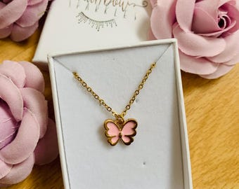 Gold Plated Pink Butterfly Necklace, Gold Butterfly Necklace, Girls Necklace, Children’s Jewellery, Jewellery For Girls, Gift For Girls