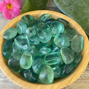 May include: A bowl filled with tumbled green fluorite stones. The stones are smooth and polished, with a translucent green color.