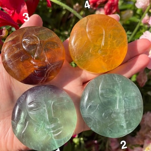 Hand Carved Fluorite Moon&Sun (1.8&quot;) - Rainbow Fluorite - Crystal Moon - Crystal Sun