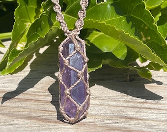 Hand Wrapped Amethyst Crystal Necklace - Adjustable Macrame Cord
