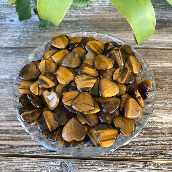 Two or Five Tiger Eye Hearts (~0.75”) - Mini Tiger Eye Heart - Healing Crystals and Stones - Solar Plexus Chakra