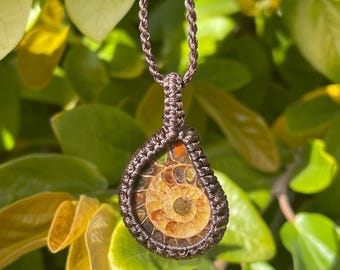 Hand Wrapped Ammonite Pendant Necklace – Macrame Adjustable Cord, Healing Stone