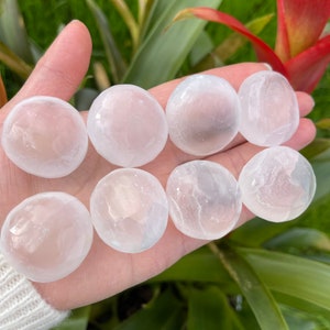 May include: Eight smooth, white selenite stones, also known as satin spar, are arranged in a hand. The stones are polished and have a translucent appearance.