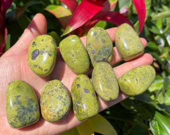 May include: A collection of eight green and black tumbled stones. The stones are smooth and have a speckled appearance.