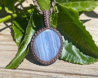 Blue Lace Agate Macrame Necklace, Hand-Knotted Pendant, Adjustable Braided Cord