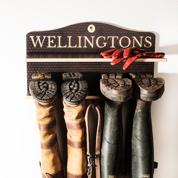 Welly Boot rack, 2 pair Wooden Boot holder, Wellington storage, shoe/walking boot Rack, Engraved Boot rack, Welly Rack, Engraved Welly Rack