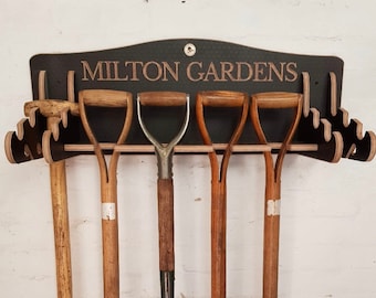 Wooden Brown Engraved Garden Tool Storage, Gardening Gift, Space Saving Unique Spade & Garden Fork Hanger, Quality Grey Personalised Rack