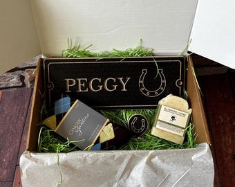 Personalised Stable Door Sign Equestrian Gift Set, Custom Horse Name Plaque, Horse Lover Rider Gift, Bamboo Riding Socks, Horse Soap