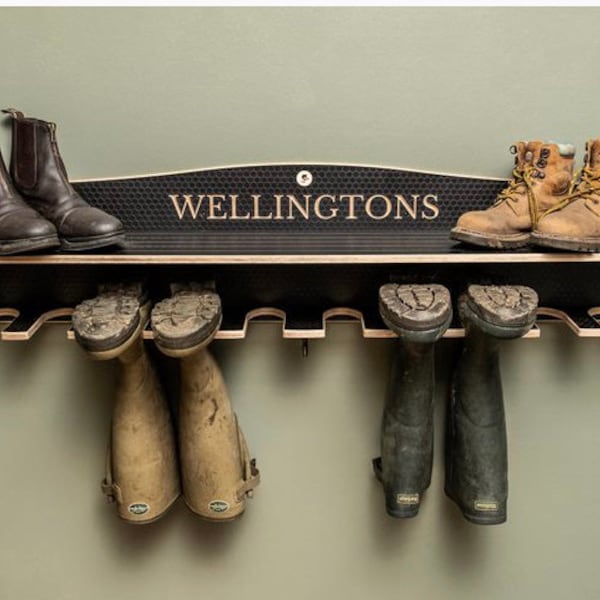 Welly Boot stand, Wood Boot holder, Wellington storage, Shoe/walking boot Rack, Engraved Boot rack, Welly Rack, Dad's Day gift