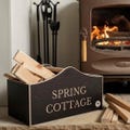 Engraved Kindling Box, Wooden Personalised Brown Fireside Firewood Storage Holder, Grey Custom Country Style Quality Fire stick Container