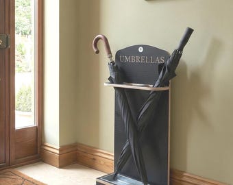 Personalised Grey Engraved Brolly & Walking Stick Stand, Wooden Umbrella Holder with removeable Drip Tray, Custom Brown storage for brollies