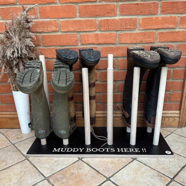 Wooden Welly Boot Rack Organiser, welly rack, wellington holder, welly hanger, boot storage, Wooden engraved welly storage unit.