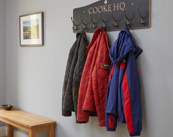 Wooden Brown Engraved Wall Mounted Coat Rac, Personalised Entryway Storage, Grey Textured Hallway Clothes Hanger, Victorian Jacket Hooks