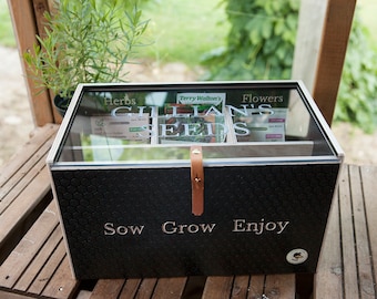 Engraved wooden personalised seed storage box with compartments vegan or leather handles. Large brown seed packet organizer, Gardening Gift
