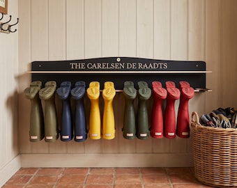 Personalised 6 Pair Wooden Welly Boot Rack, Large Family Wellington Storage, Mudroom Rain Boot hanger, Hallway & Utility Room Organisation