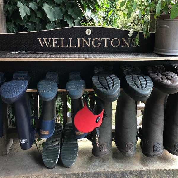 Welly rack, Wooden Boot holder, Wellington storage, shoe/walking boot Rack, Engraved Boot rack,  Engraved Welly Rack, Father's day gift