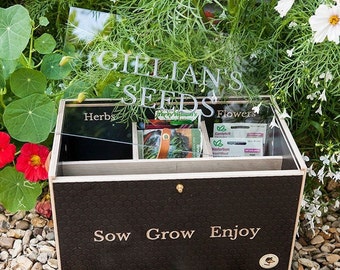 Wooden engraved Brown personalised Seed Storage Box, Gardening Gift, Gardeners large custom container compartments & Vegan Leather Handles