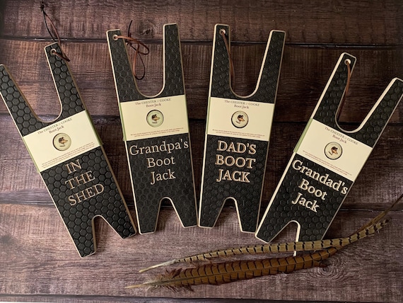Wooden engraved personalised boot jack, Sturdy textured Brown custom welly puller, Wipe clean bespoke shoe remover, kids wedge Boot Pull