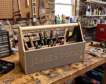 Wooden Tool Storage Box, Personalised Engraved Large Strong Brown Tool Organiser Caddy, Bespoke Sturdy Grey Custom Hobby DIY Carrier Chest