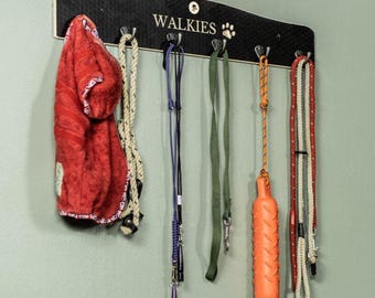 Engraved wooden walkie dog lead rack, Personalised country Brown pawprint leash storage hanger, Grey large custom cartridge peg lead holder